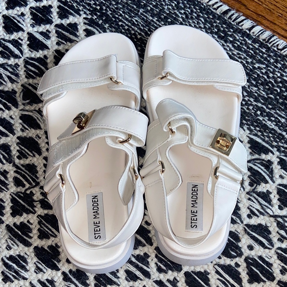 Steve Madden White Sandals with Gold Buckles